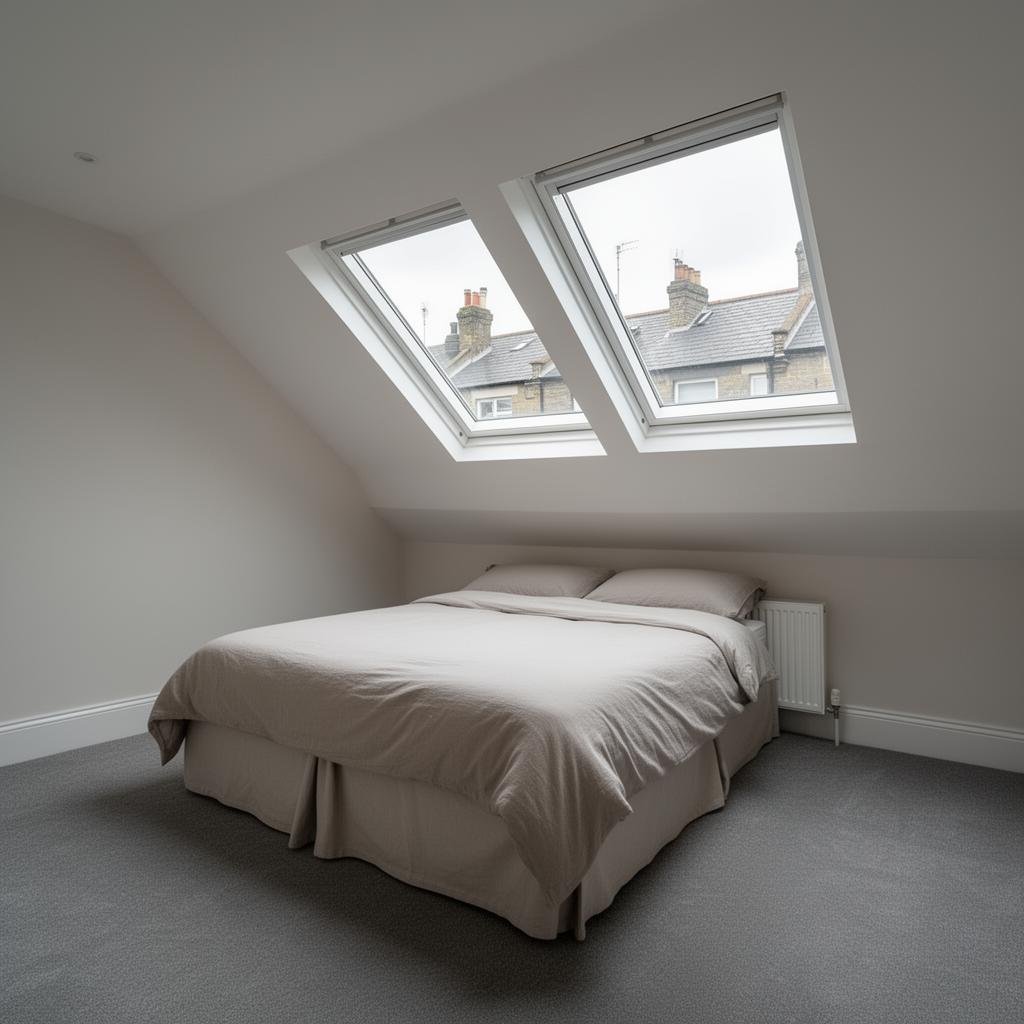 Completed loft bedroom with dormer window, white walls and grey carpet