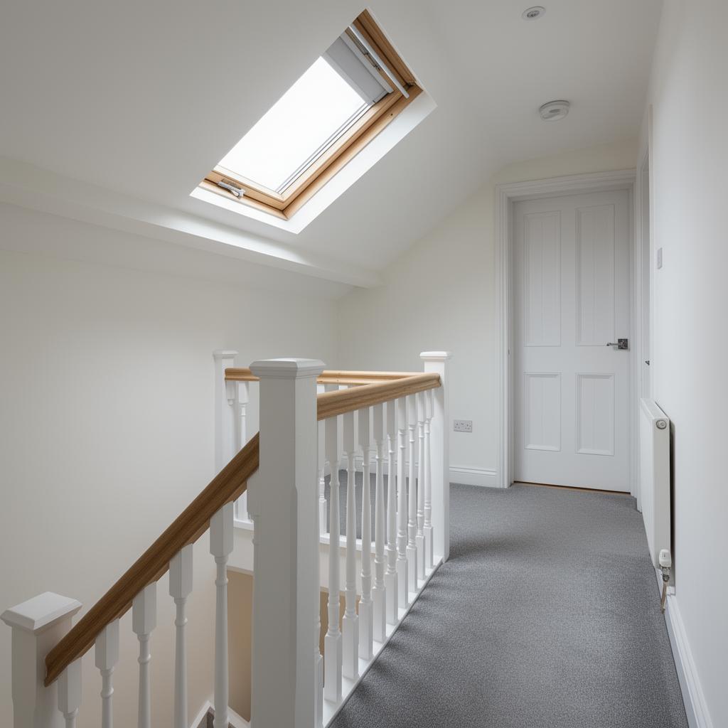 White timber staircase with oak handrail leading into a converted loft